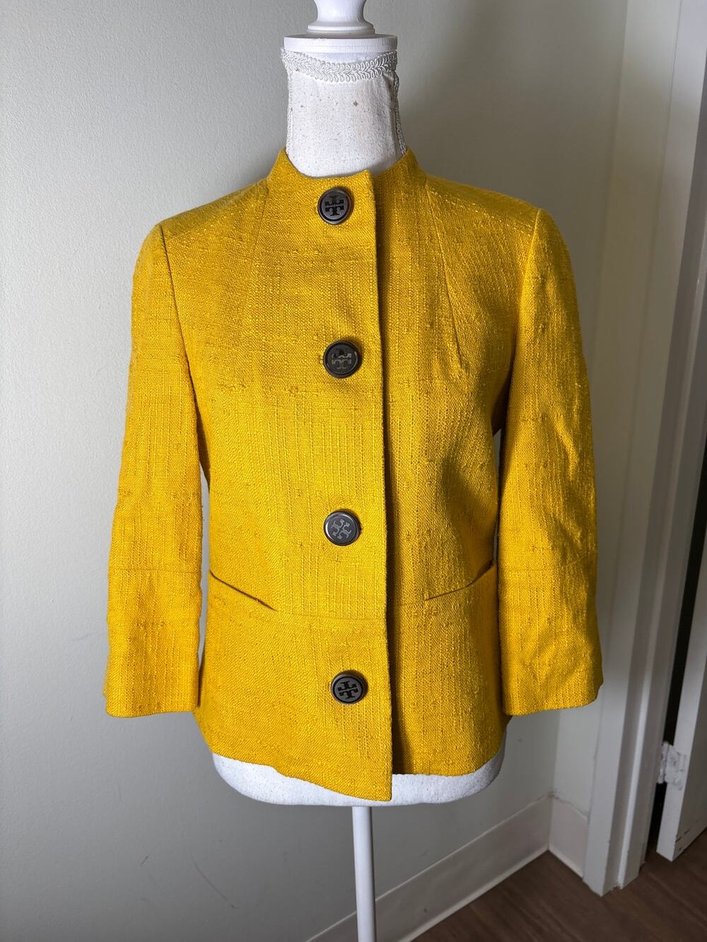 Tory Burch Mustard Yellow Long Sleeve Collarless Tweed Jacket Sz 4